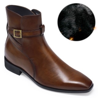 Boots tăng chiều cao cho nam - giày mùa đông nhung ấm áp - giày da nâu - 7CM