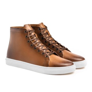 Giày độn đế thủ công – Giày sneaker cổ cao da nâu tăng chiều cao cho nam 7CM