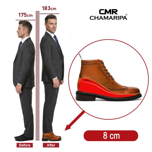 Heren Laarzen Met Hak - Bruine Leren Brogue Formele Laarzen 8CM