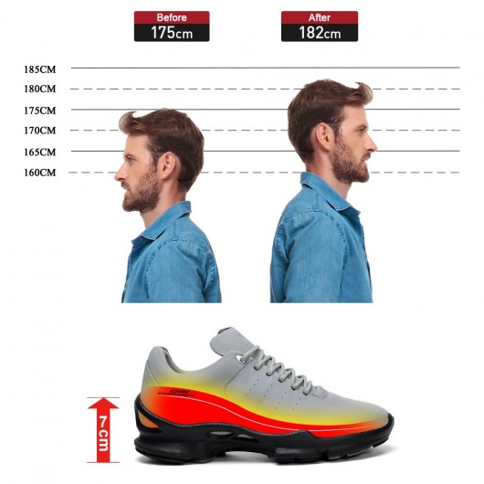 verhogende schoenen heren - Grijze leren outdoor mannen schoenen verhoogde hak 7CM