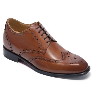 Heren Onzichtbaar Verhoogde Schoenen - Bruine Leren Mode Derby Schoenen 7CM