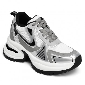 dames schoen met sleehak - zilveren chunky sneakers voor dames 10cm