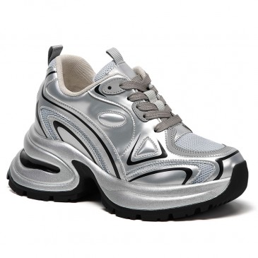 Verhogende Schoenen Voor Vrouwen - Zilveren Microvezel Sportschoenen 10CM