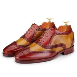 CHAMARIPA groomsmen højde stigende sko - håndlavet vingetip brogue oxford - rød & tan - 7 CM højere