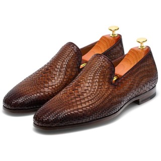 CHAMARIPA mænds liftsko højhælede mænd kjoler sko brune håndvævede loafers 7 CM