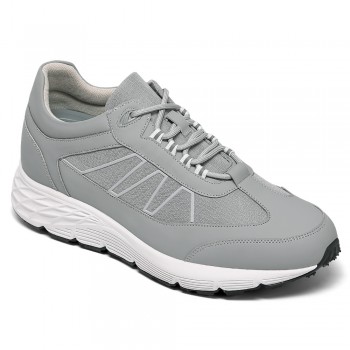 Men's Invisible Height Increase Shoes - Gray Leather Casual Elevator Sneakers 8CM / 3.15 Inches