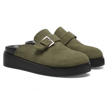 Men's Height Increasing Mules | Olive Green Suede Calfskin Chunky Sandals 6CM / 2.36 Inches