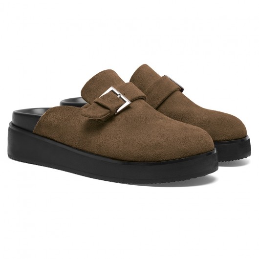 Men's Height Increasing Slippers | Dark Taupe Suede Calfskin Platform Mules 6CM / 2.36 Inches