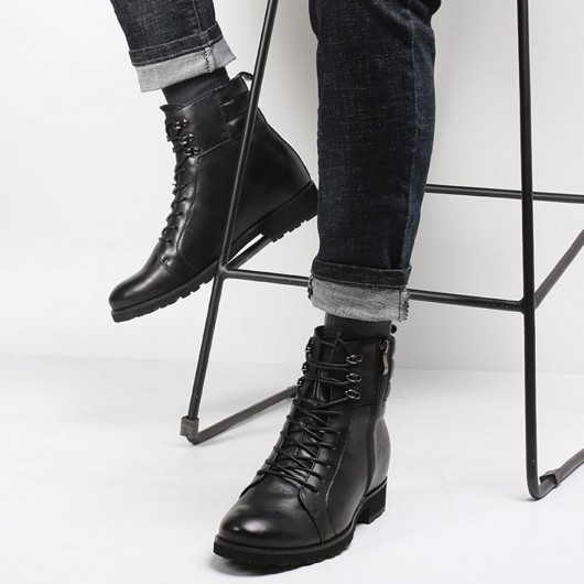 black tall men boots mens leather motorcycle boot height increase boots 8 CM /3.15 Inches