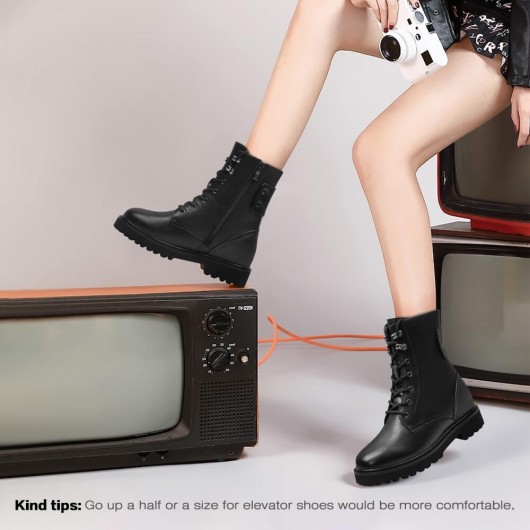 Height Increasing Boots For Women - Black Leather Elevator Shoes 8CM | 3.15 Inches