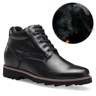 Chamaripa Height Increasing Boots Warm Fur Lined Winter Boots Black Leather Elevator Shoes 9 CM /3.54 Inches