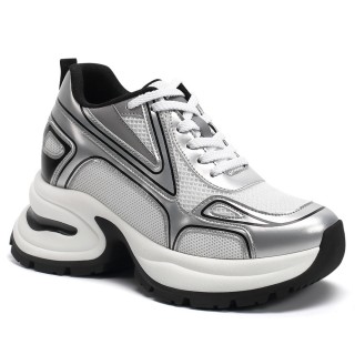 Chaussures Rehaussantes Femme - Baskets à Plateforme En Cuir Argenté 10CM