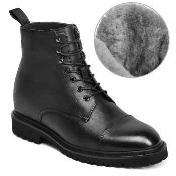Chaussures Homme Talon Haut - Bottes à Lacets Avec Doublure En Laine Noire 8CM