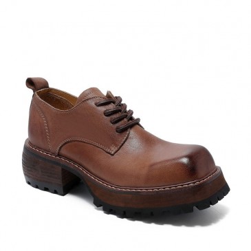 Chaussures Rehaussantes Femme - Chaussures Derby à Bout Carré En Cuir Café 7CM