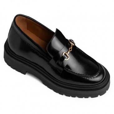 Loafers augmentant la taille pour femmes | Horsebit Loafers en cuir noir 5 CM