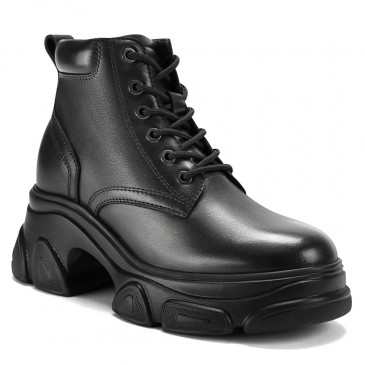 Bottes Rehaussantes Femme - Bottes Décontractées En Cuir Noir 9CM