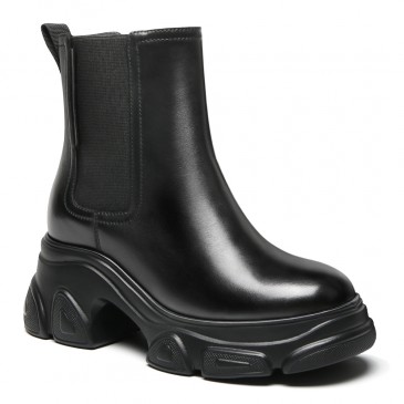 Bottes Rehaussantes Femme - Bottes Chelsea Décontractées En Cuir Noir 9CM