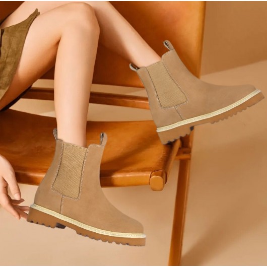 7 CM UP - 女性シークレット ブーツ - アプリコット ヌバックレザー チェルシーブーツ 
