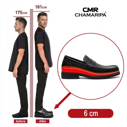 scarpe rialzate uomo | Mocassini Penny traspiranti in pelle nera 6 CM