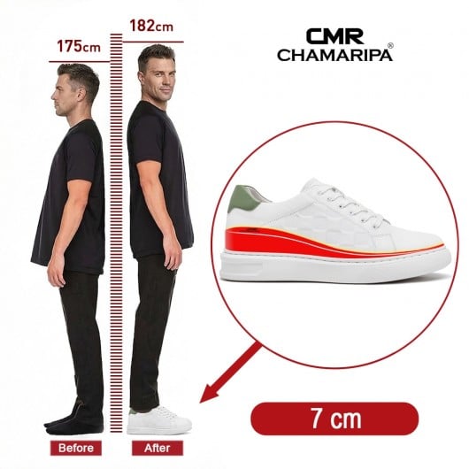 Scarpe Rialzate Uomo - Sneakers casual in pelle bianca 7 CM