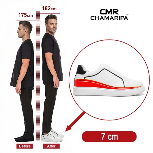 scarpe uomo con rialzo | Sneakers slip-on bianche in pelle con tripla cucitura 7 CM