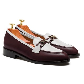 Scarpe Rialzate Uomo - Mocassini Con Morsetto In Pelle Bordeaux e Bianca 6CM