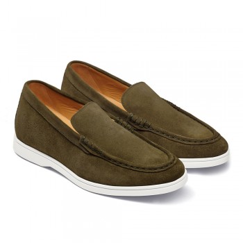 Scarpe Uomo Con Rialzo - Mocassini Casual In Camoscio Verde Oliva 6CM