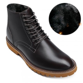scarpe rialzate uomo - Scarpe rialzate da uomo in pelle caffè invernale con fodera in pelliccia 7 CM