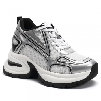 Scarpe Donna Rialzate - Sneakers Con Rialzo Donna In Pelle Argento 10CM
