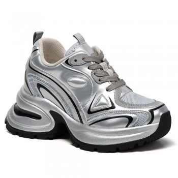 Scarpe Con Rialzo Donna - Scarpe Sportive In Microfibra Argento 10CM
