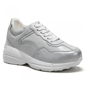 Scarpe Donna Rialzate - Scarpe Casual Da Donna In Pelle Argento 8CM