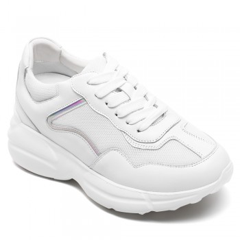 Scarpe Donna Rialzate - Sneakers Donna Tacco Interno In Pelle Di Vacchetta Bianca e Mesh 8 CM