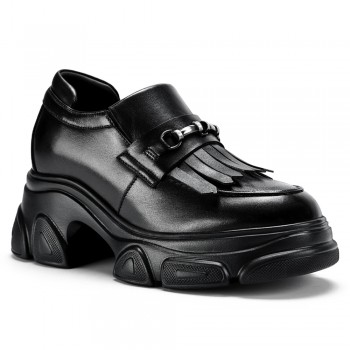 Scarpe Rialzo Interno Donna - Mocassini In Pelle Nera Con Nappe 9CM