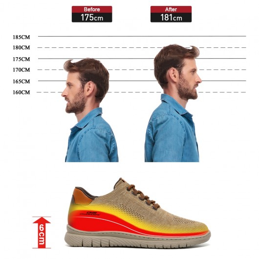 Sapato Masculino Com Salto Interno - Sapatos Casuais De Tricô Respirável Cáqui 6CM