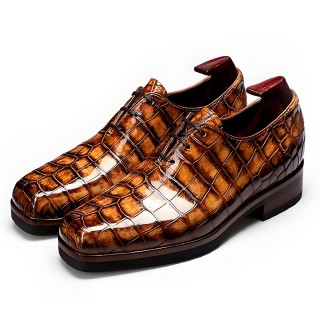 Sapato Masculino Com Salto Alto Embutido 6CM | Sapatos Costura Goodyear Welt Em Couro De Crocodilo Do Nilo Marrom