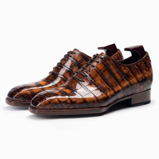 Sapato Masculino Com Salto 6CM | Sapatos Oxford Em Couro De Crocodilo Americano Marrom Com Cintura Em Formato De Violino
