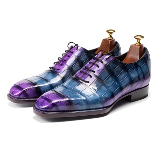 Sapato Masculino Com Salto 6CM | Sapatos Sociais De Couro De Crocodilo Americano Roxo Com Técnica De Cintura Em Violino