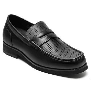 Sapato Masculino Com Salto | Sapato Penny Loafer em couro de bezerro preto 6 CM