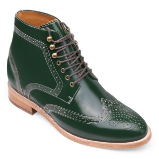 Shell Cordovan Height Increasing Shoes - Green Brogue Tall Men Boots - Men's Handmade Wing Tip Boots 9CM / 3.54 Inches