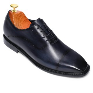 sapato masculino com salto - sapato salto interno - oxfords de couro pintado à mão - azul - 6CM mais alto