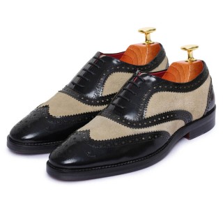 sapato masculino com salto - homens de salto alto - brogue preto e camurça wingtip artesanal oxfords 7 CM