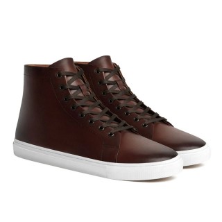 Sapato Masculino Salto Alto – Tênis de Cano Alto em Couro Café Artesanal 7CM
