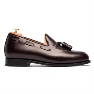 Sapatos Sociais Masculinos com Aumento de Altura | Loafer com Borlas em Couro Borgonha 5CM