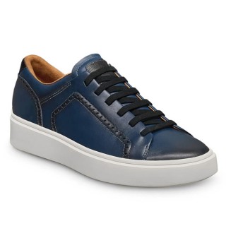 Salto Alto Para Homens- Tênis Artesanal em Couro Azul Escuro 7CM