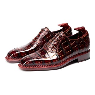 Sapato Social Com Salto Masculino 6CM | Sapatos Oxford Em Couro De Crocodilo Americano Carmesim Costura Norueguesa