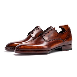 Sapatos Sociais com Aumento de Altura para Homem 6CM | Sapatos Derby em Pele de Vitelo Castanho Café com Fiddleback Waist