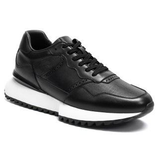 Zapatos De Hombre Con Alzas - Zapatillas Deportivas Casuales De Piel Negra De 8CM