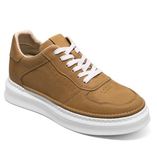 Sapato Masculino Salto Alto - Tênis Casual Amarelo de Couro Encerado a Óleo 7CM