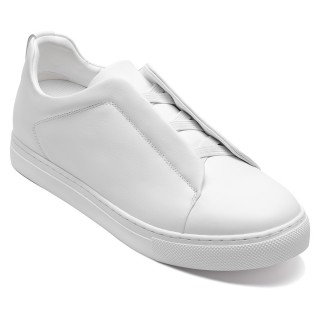 Homens sapatenis com salto | Tênis slip-on branco em couro com costura tripla 6 CM