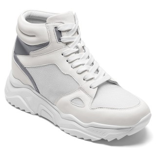 Sapato Masculino Salto Alto | Tênis De Cano Alto Em Couro Branco 8CM